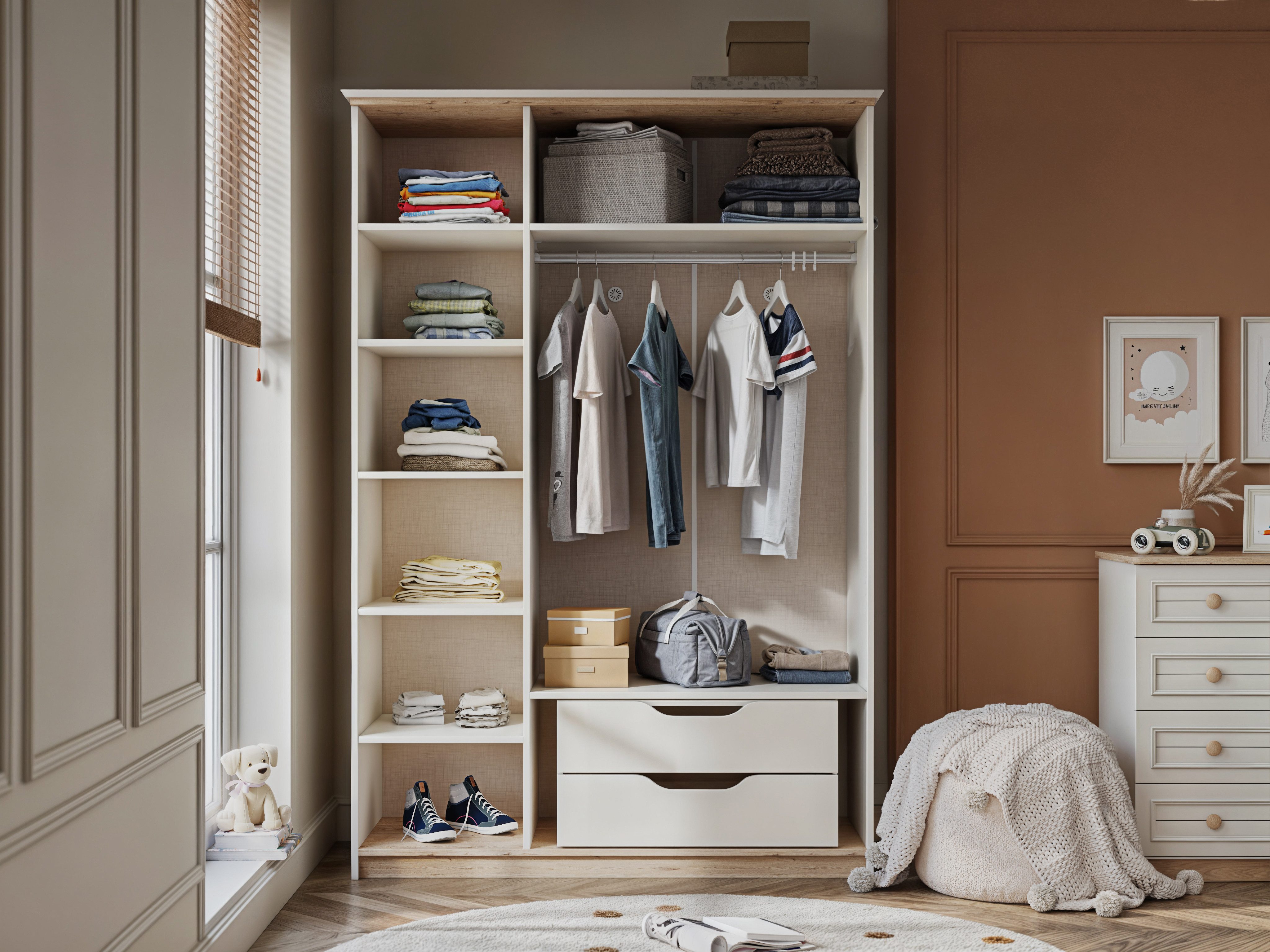 Möbel-Zeit Kleiderschrank POLO 3-türig – Weiß/Natur – Inkl. Kleiderstange & 2 Schubladen