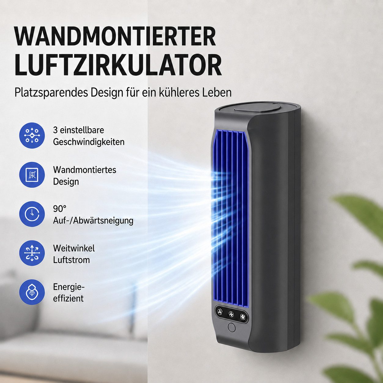 MOPUEA Turmventilator 3-IN-1 Verstellbarer Tischventilator mit 3 Geschwindigkeiten, für Turmventilator, Wandventilator & Tischventilator akku