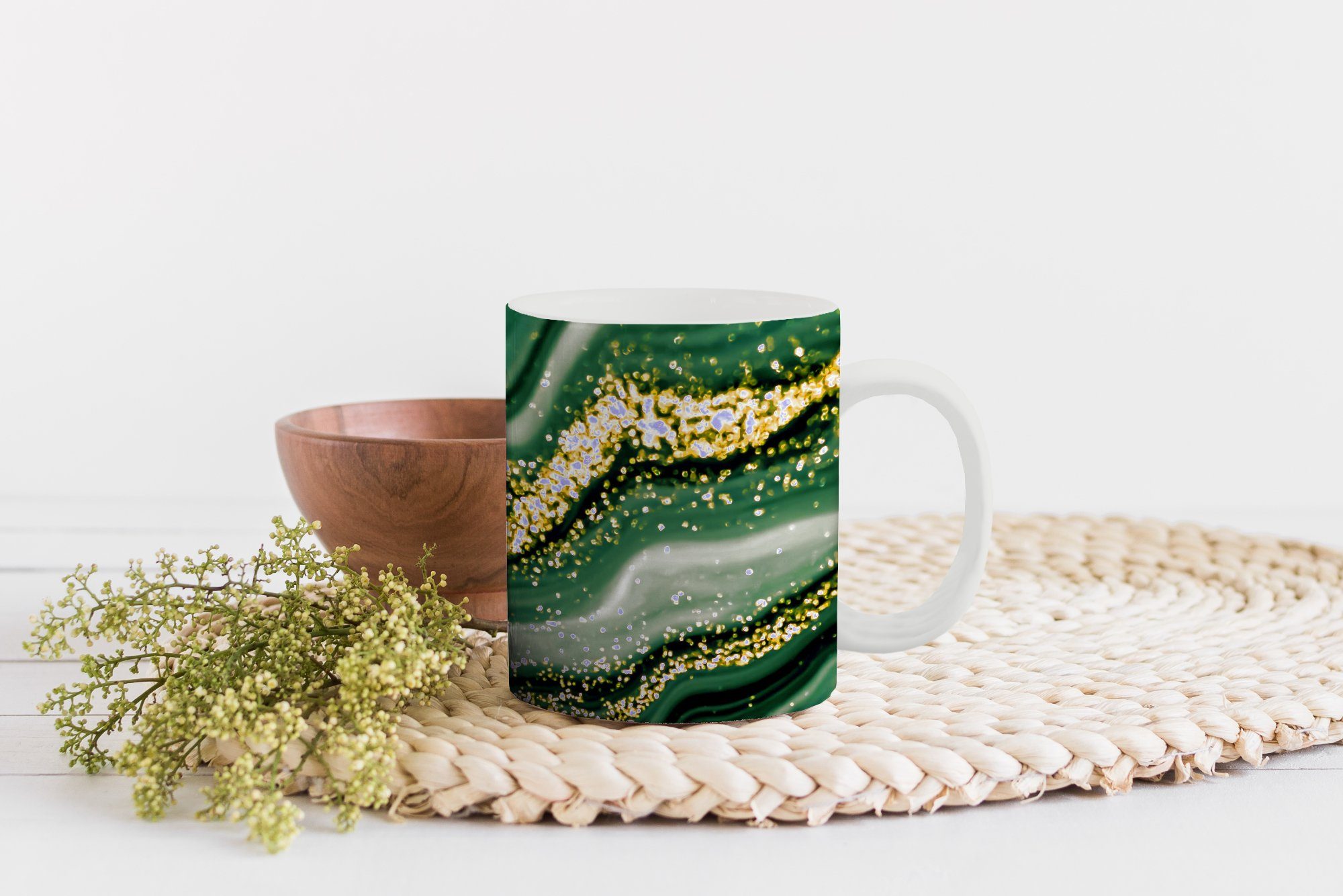 - Keramik, Teetasse, MuchoWow Kaffeetassen, Marmor - Teetasse, - Geschenk - Gold Glitter Becher, Marmoroptik - Luxus, Grün Tasse