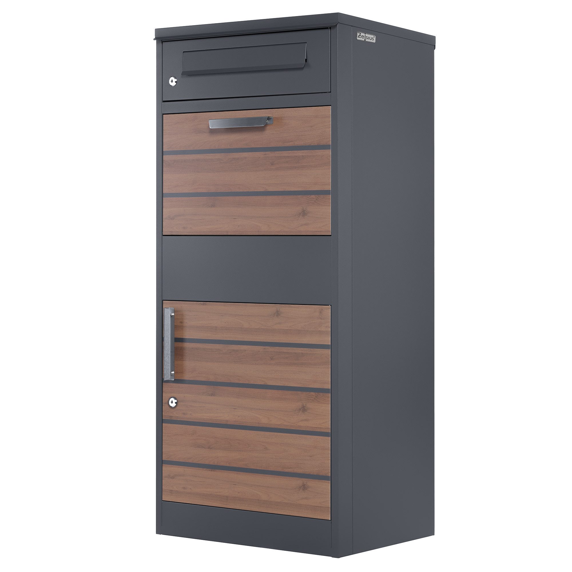 Zelsius Paketbriefkasten RAL7016 Anthrazit mit dunkelbraunen Holzoptik, Diebstahlsperre