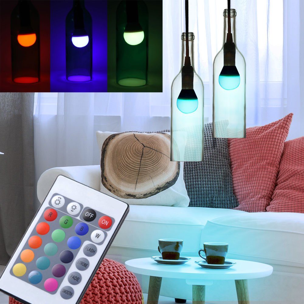 etc-shop LED Pendelleuchte, Set Pendel RGB LED Fernbedienung inklusive, Leuchten Dimmer Leuchtmittel Warmweiß, 2er Flaschen Glas