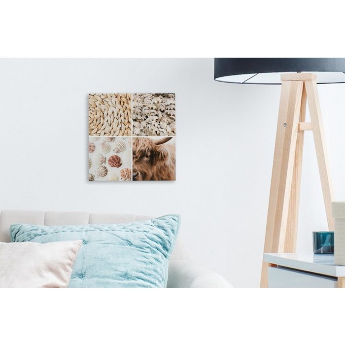 OneMillionCanvasses® Leinwandbild Schottischer Highlander - Collage - Muscheln - Strand (1 St) Leinwand Bilder für Wohnzimmer Schlafzimmer
