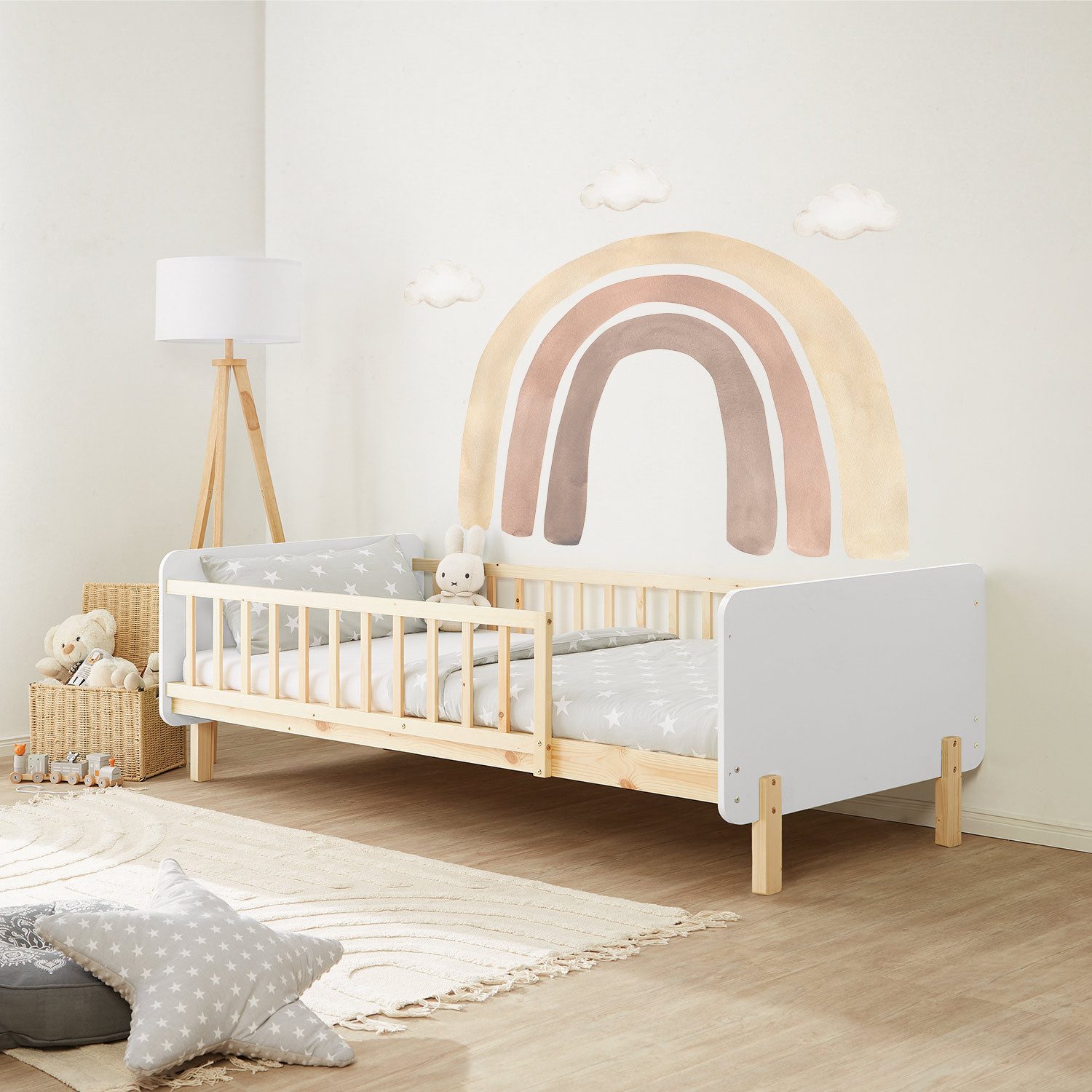 Holzbett Kinderbett 90x200 Einzelbett Rausfallschutz Holzfüße Gestell Holz Bett