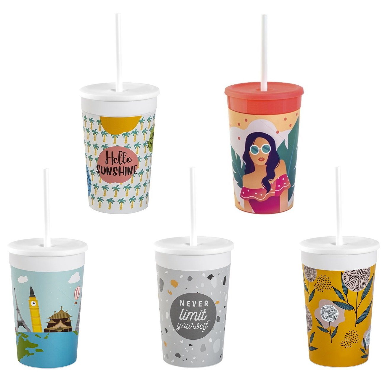 Engelland Kinderbecher Kunststoffbecher mit Deckel & Strohhalm, Bunte Mischung, 330 ml, Kunststoff (BPA-frei), Trinkbecher, Partybecher, Kindergeburtstag, Plastikbecher, Mehrweg