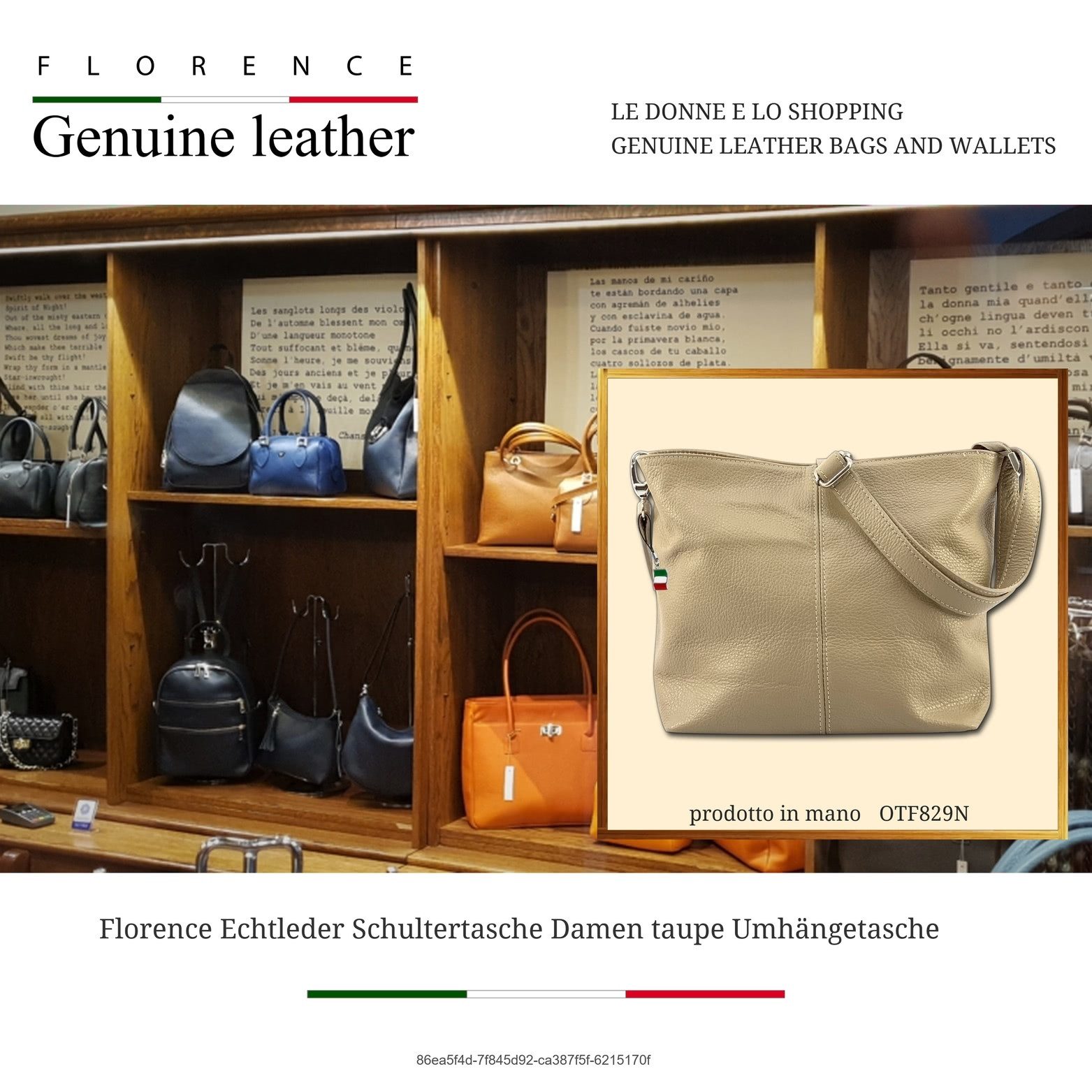 FLORENCE Umhängetasche taupe beige Florence Tasche Leder (Schultertasche, Umhängetasche), Damen Tasche Echtes Leder taupe, beige, Made-In Italy