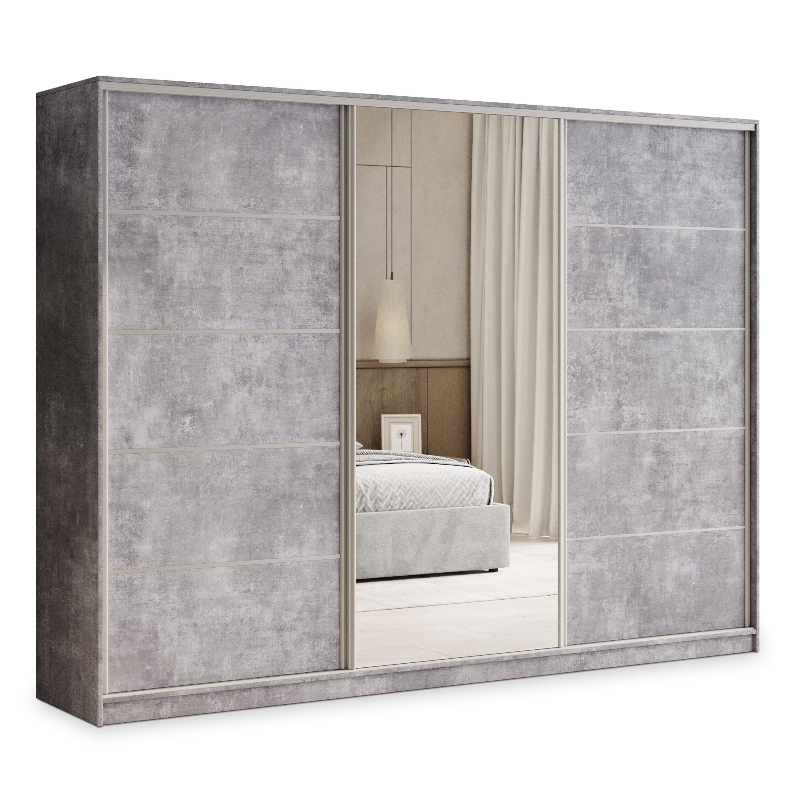 Masseno Schwebetürenschrank PINA 250 cm Kleiderschrank mit Spiegel 3 Türen und 4 Schubladen Beton