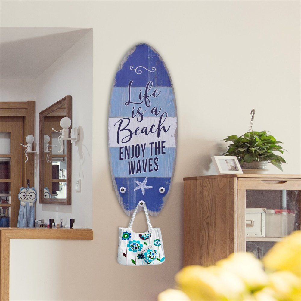 Holzbild Wandschild, mit Surfbrett Wandbild Mucola Surfbrett Garderobenpaneel Kleiderhaken Plankenschild Optik