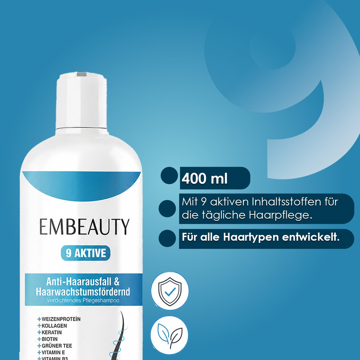 EMBEAUTY Haarshampoo Collagen & Keratin Shampoo–9 Aktivstoffe für kräftig aussehendes Haar, Nährende Haarpflege für kräftig aussehendes, volles Haar