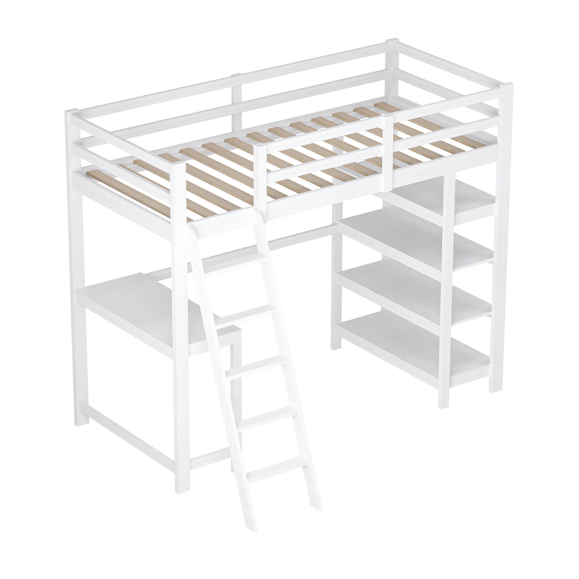 Gdood Loft Bed, Storage Bed, Double Bed (1-pc., Incl. Slatted Frame, Safety Rail) Wooden Bed with Stairs, Recreation Area, Storage Space, 90x200 cm