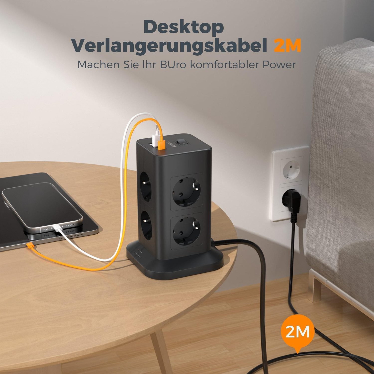 TESSAN 8 Fach Mehrfachsteckdose 3 USB(2USB,1 USB C) Steckdosenleiste Kabel 2m Mehrfachsteckdose (Ein- / Ausschalter, USB-Anschlüsse, 2M Kabel, Überspannungsschu – Bild 4 von 5
