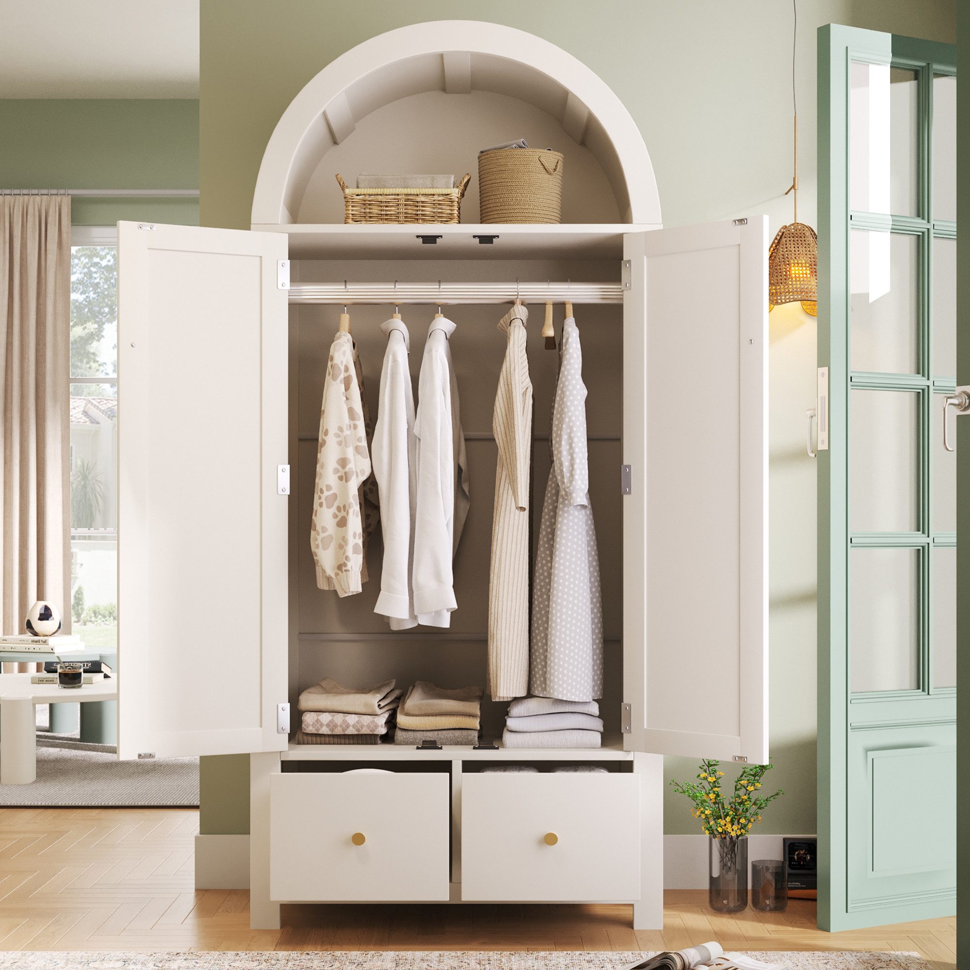 STILVORA Kleiderschrank mit offene halbrunde Ablage Garderobenschrank mit Schubladen in Weiß (Schlafzimmerschrank mit Bogenform & Rattanflechten, halbrunden Lagerbereich und geräumigen Kleideraufhängebereich) mit Kippsicherungen und Lochabdeckungsaufklebe