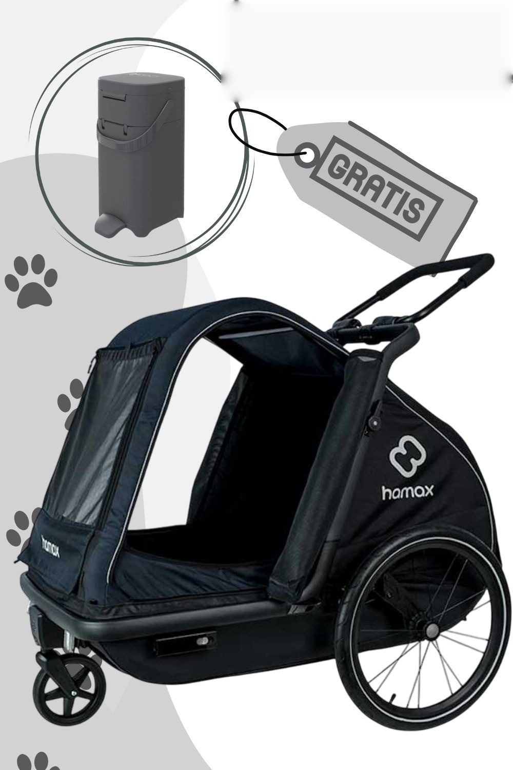 Hamax Fahrradhundeanhänger Hamax Pluto L inkl. gratis Pet Genie Eimer