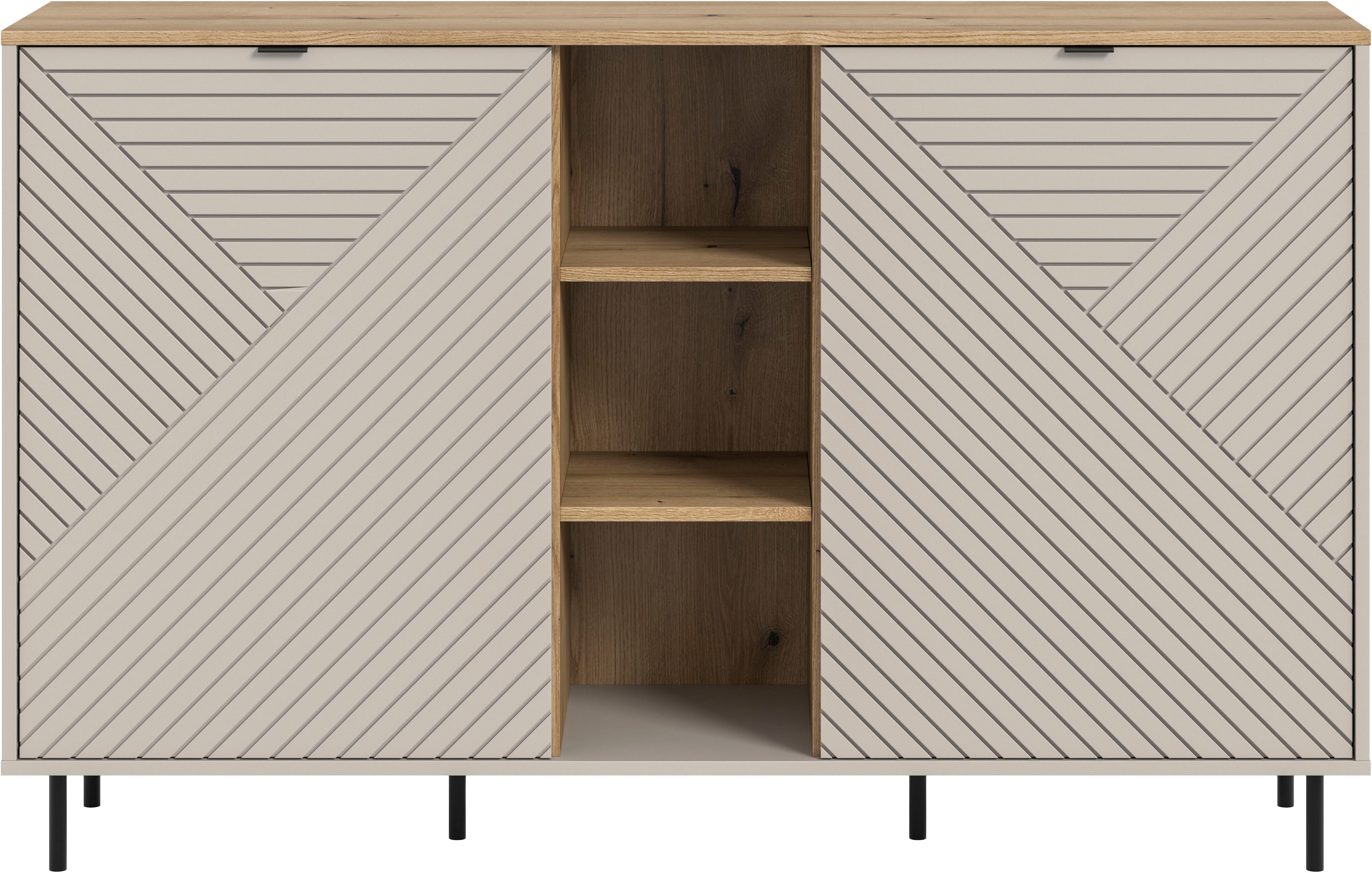 Home affaire Sideboard RAITA, Breite 154 cm, Front mit Desgin-Fräsung, 2 Türen, viel Stauraum (moderne Farbkombi, individuell einsetzbar, Griffe & Füße aus Metall), Kommode, Anrichte, Schrank, Highboard, TV-Board