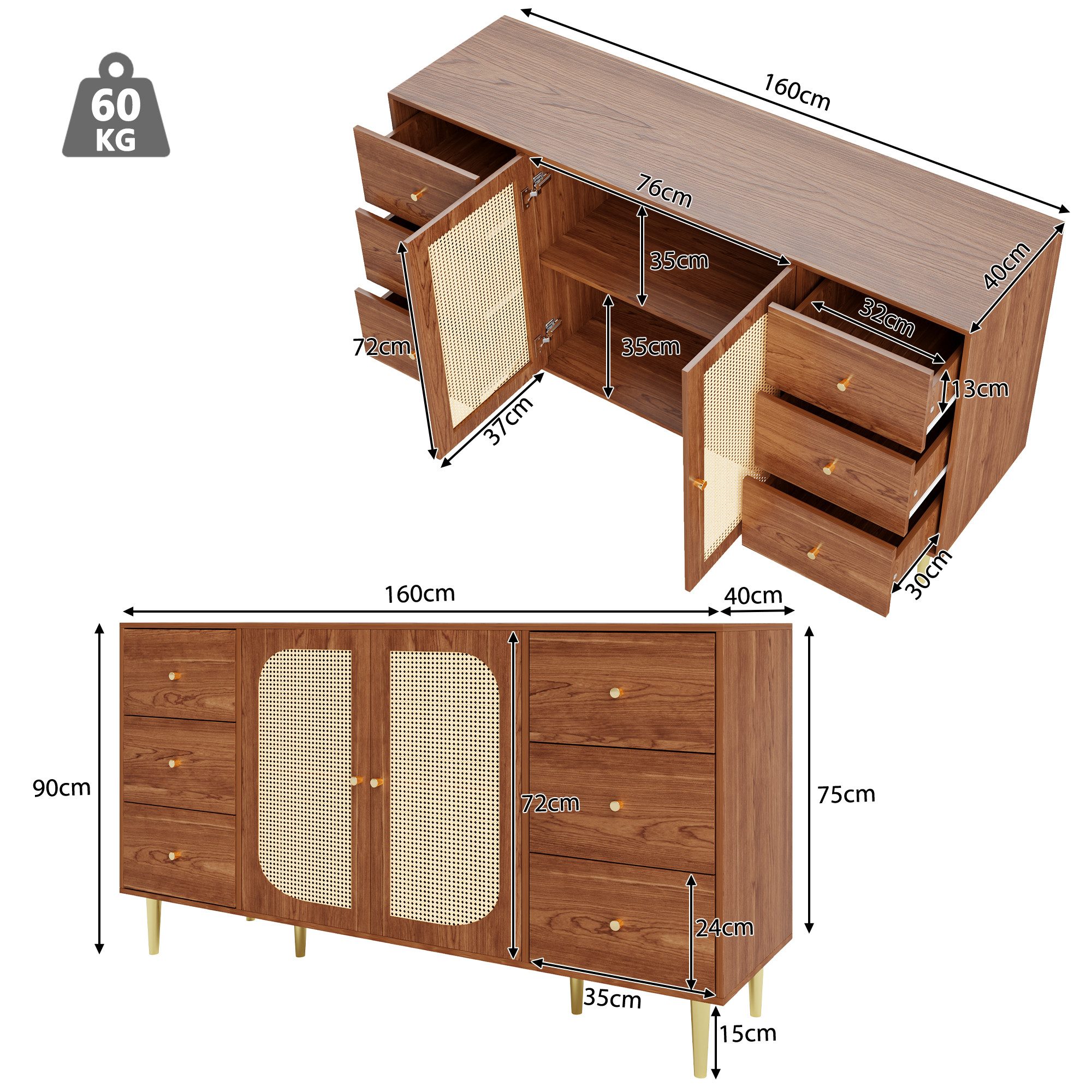 Celya Sideboard Rattan-Sideboard,Aufbewahrungsschrank mit Schublade,Holzsch günstig online kaufen