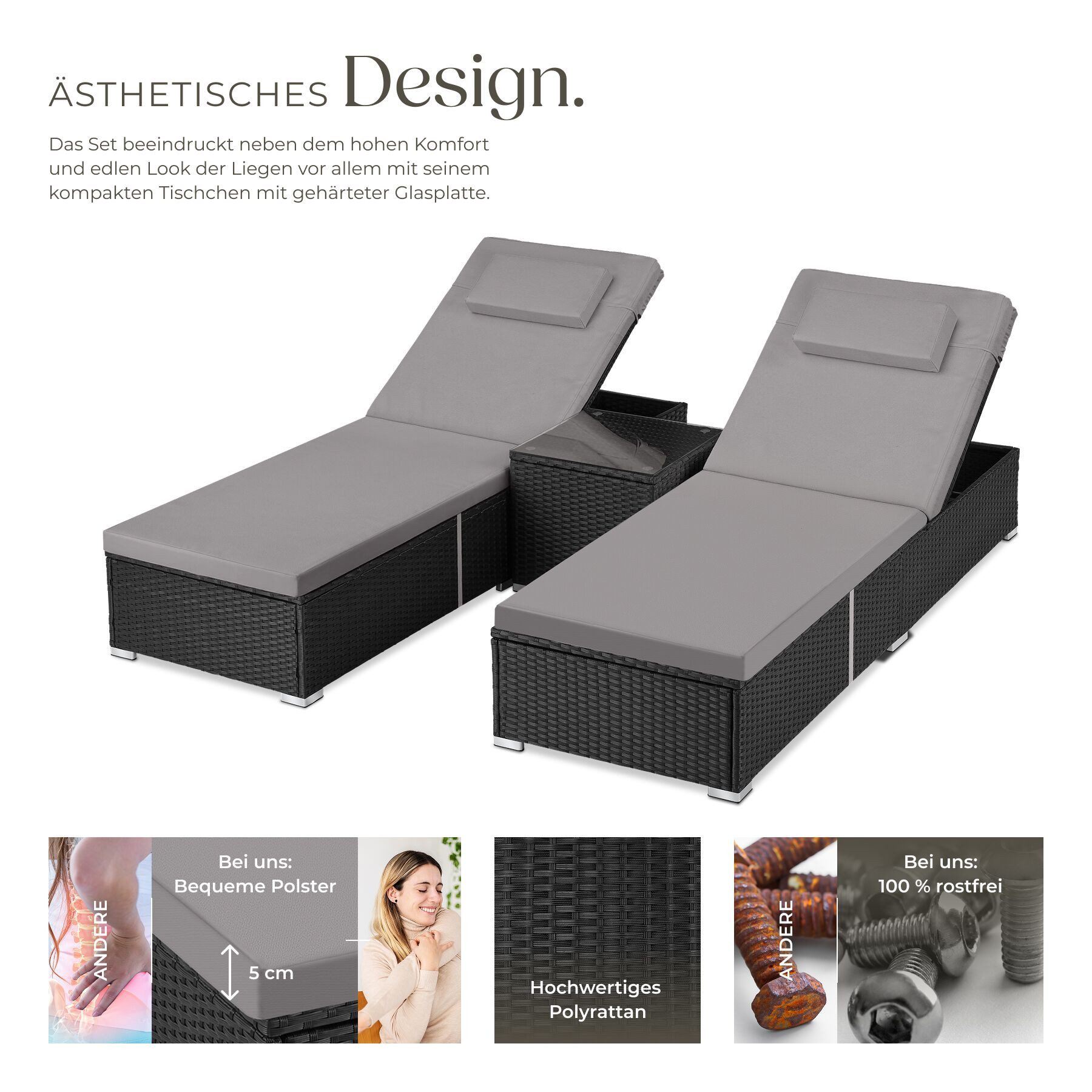 tectake Gartenliege Rattan-Doppelliege mit Tisch, mit abnehmbaren Kopfpolstern, Sonnenliege Carbonera, 1 St., in schwarz, wetterfest und UV-beständig, Belastbarkeit je 200 kg, verstellbar