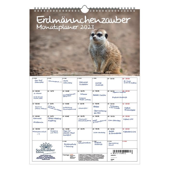 Seelenzauber Wandkalender Erdmännchenzauber Planer DIN A3 - Kalender für 2023 Erdmännchen -