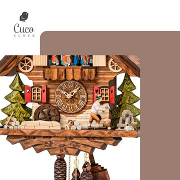 Cuco Clock Pendelwanduhr Kuckucksuhr Schwarzwalduhr "Holzhacker mit Bernhardiner" Wanduhr Holz (20 x 32 x 33cm, 1 - Tage Werk, manuelle Nachtabschaltung)
