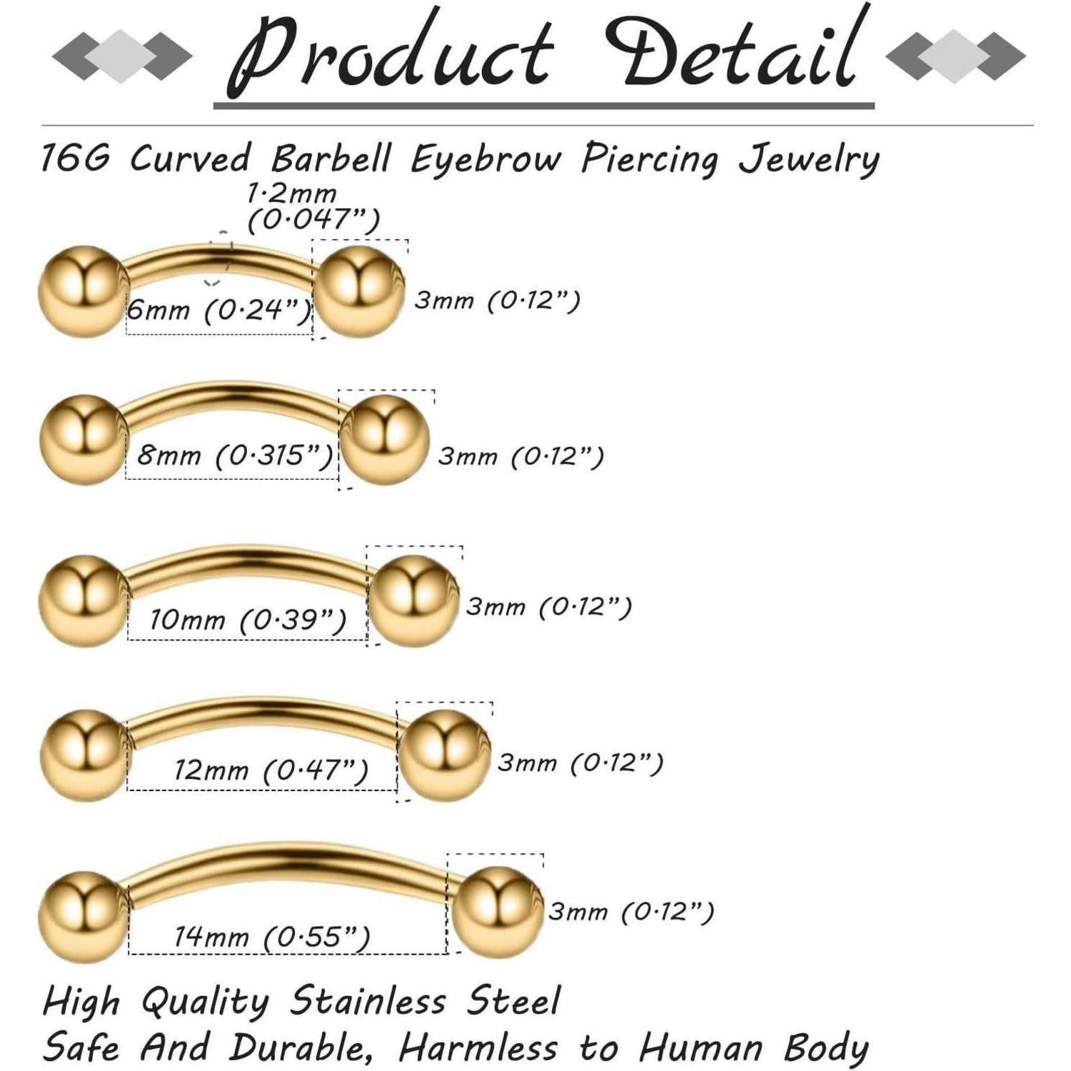 Gojewen Augenbrauenpiercing 10stk Curved Barbell Piercing 6/8/10mm Edelstahl Augenbrauen Lippen