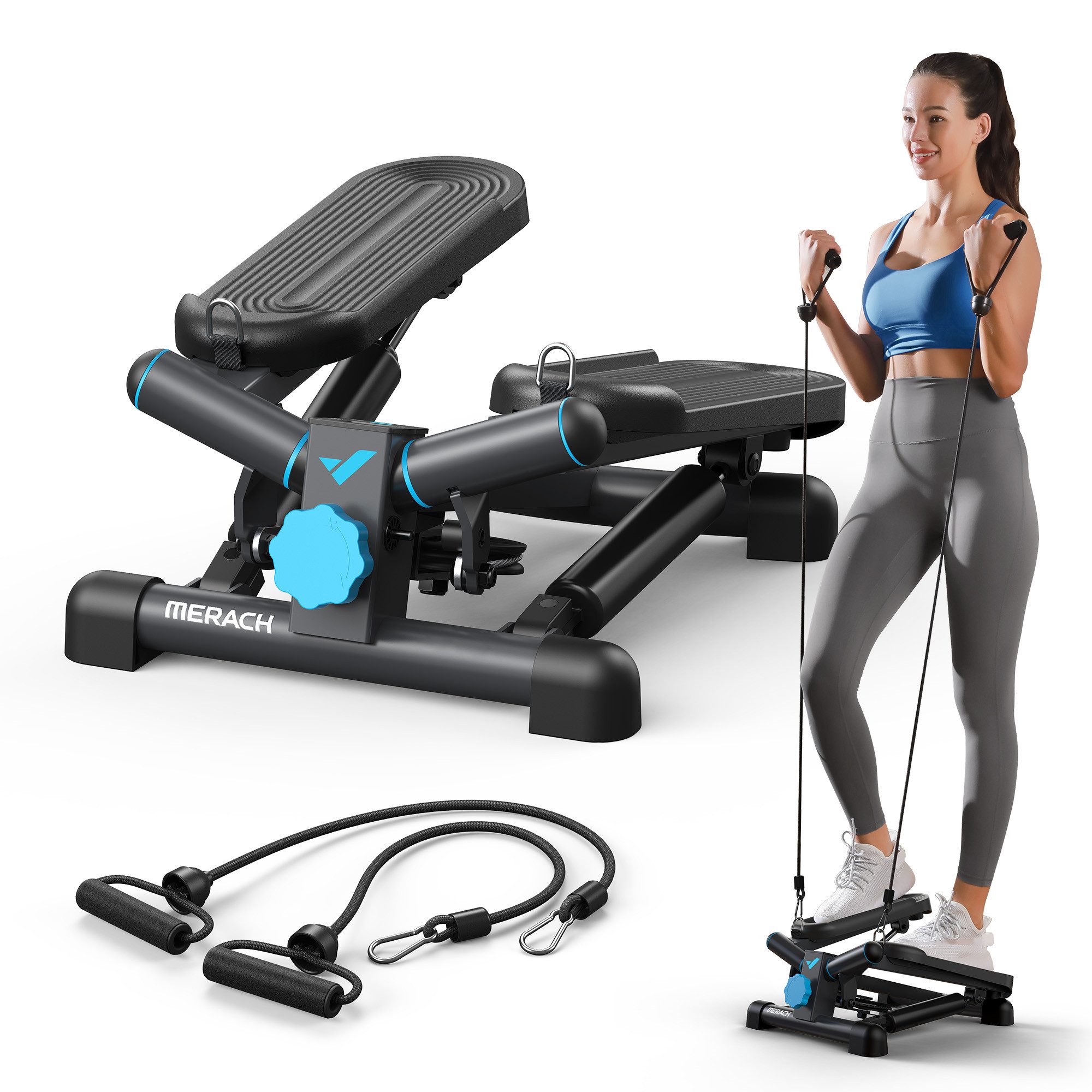 MERACH Mini-Stepper 2-in-1 Mini Stepper für Zuhause, Drehstepper, Leiser Mini Beintrainer (mit LCD-Display, Widerstandsbänder, Belastbarkeit bis 150 kg, 1-tlg., für Bein/Arm/Butt Training, Anfänger & Fortgeschrittene), Fitnessübungen für das Heimbüro, Up-Down Swing Stepper