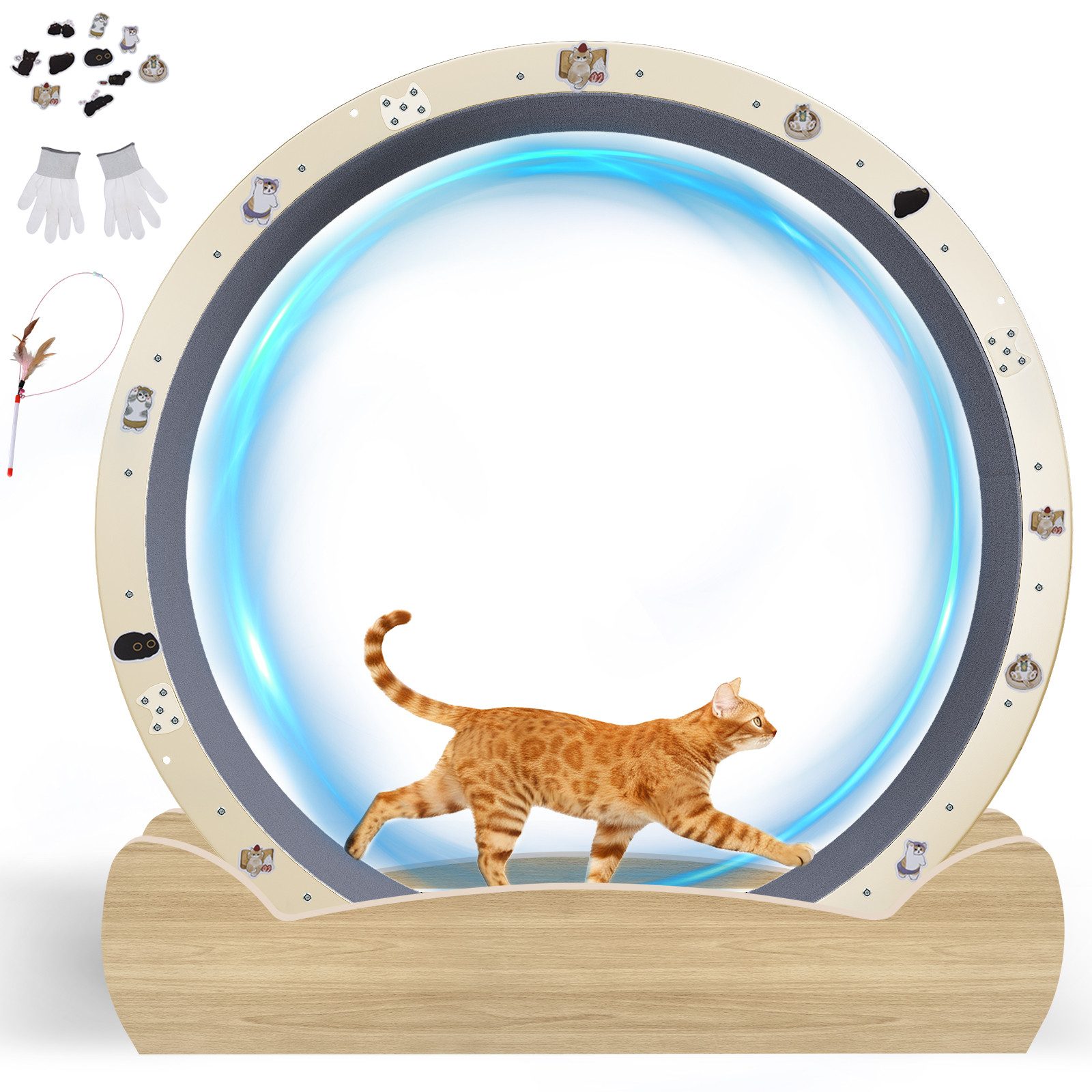 COMHOMA Tier-Intelligenzspielzeug Katzenlaufrad, laufrad Katze, Extra großer 100 cm, ultraleises Laufrad, mit Abnehmbarer Teppich und Spielzeug, Aufkleber, Verriegelung