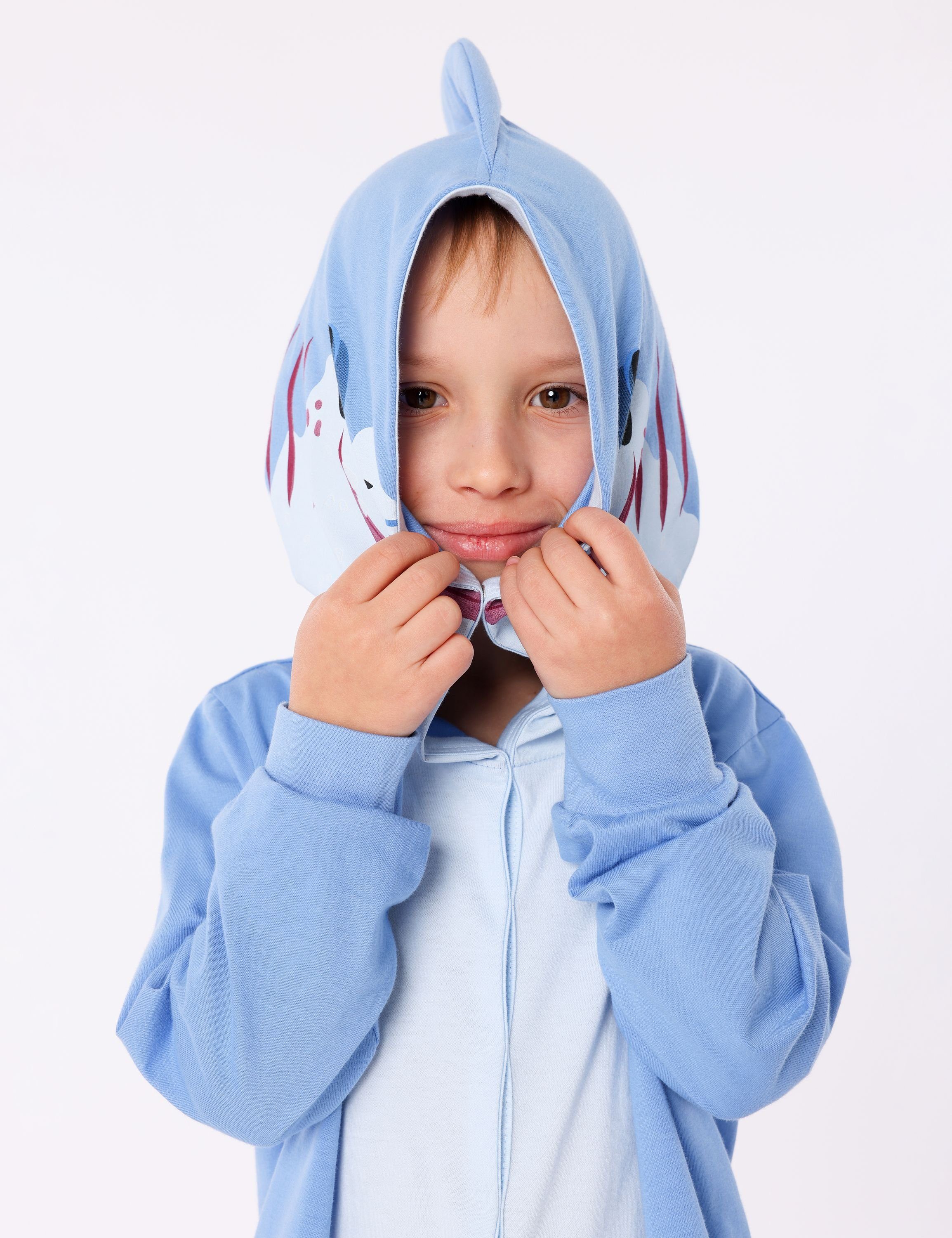 Ladeheid Schlafanzug Kinder Schlafoverall aus LA40-232 Baumwolle Tiermotiv Verkleidung Hai Blau ohne