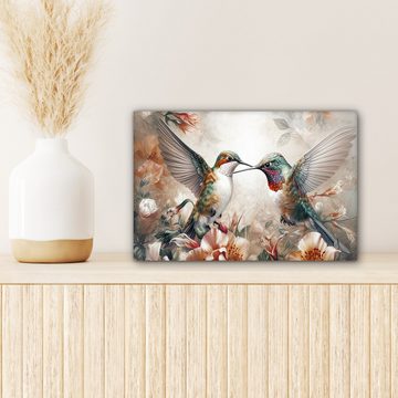 OneMillionCanvasses® Leinwandbild Kolibri - Vögel - Blumen - Natur, (1 St), Leinwand Bilder Klein, Wand Dekoration 30x20 cm