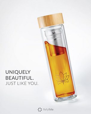 REFYLL Isolierflasche Teeflasche mit Filter “teaFyll” 450ml I Teeflasche mit Sieb to Go 0,5l, Doppelwandige Glasflasche aus Borosilikatglas