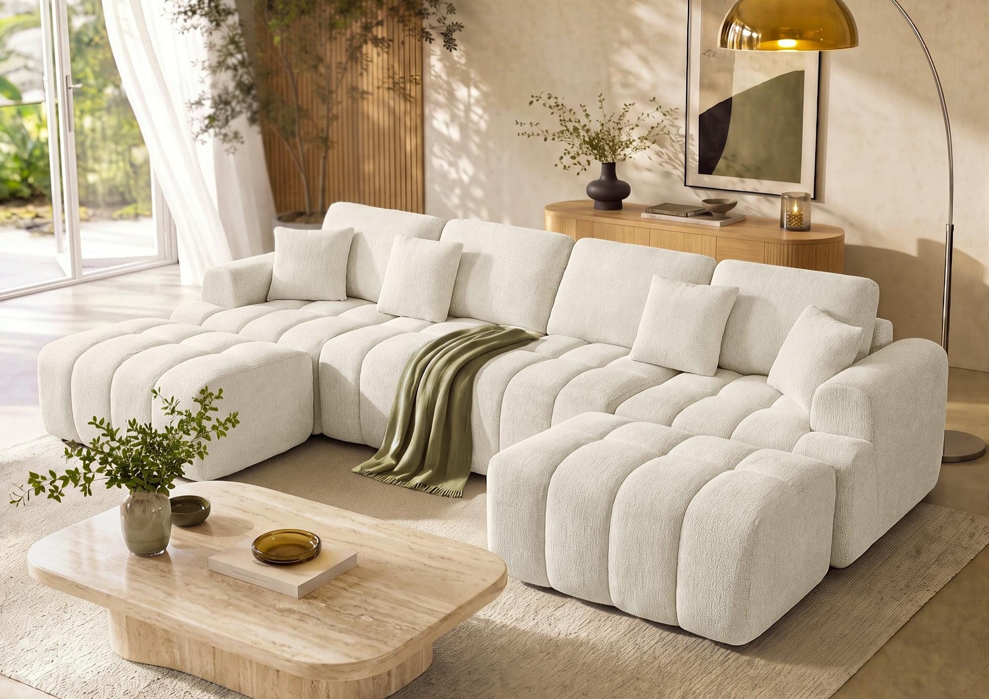 VASAGLE Wohnlandschaft Rahmenlose Couch in U-Form, B: 306 cm, mit Taschenfederkern, Modulares Sofa und Hocker Set, Chenille, 6-Sitzer Couch für Wohnzimmer