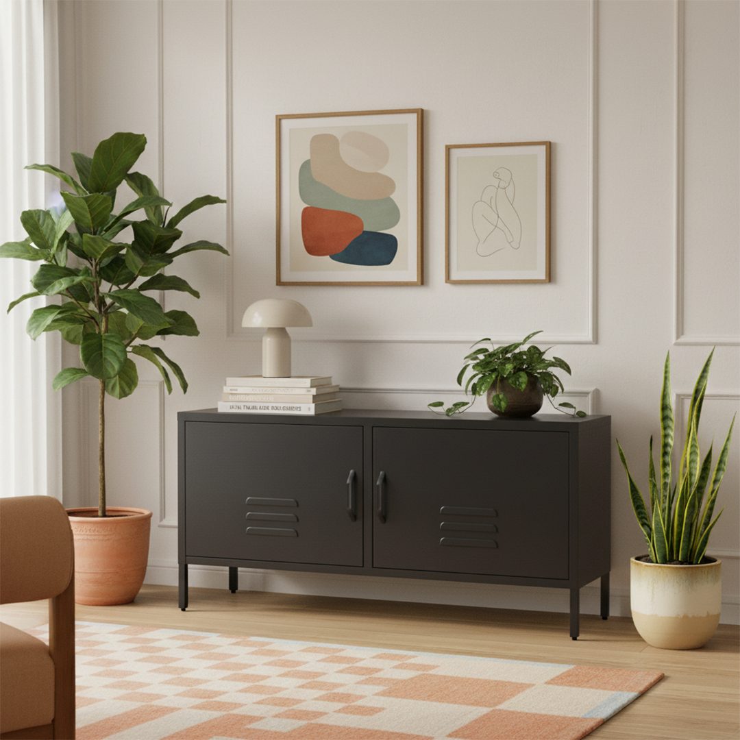 skølm Lowboard Atria aus Metall (Schwarz), Metallkommode mit 4 Fächern & 2 Türen, 55x38x105cm (HxTxB)