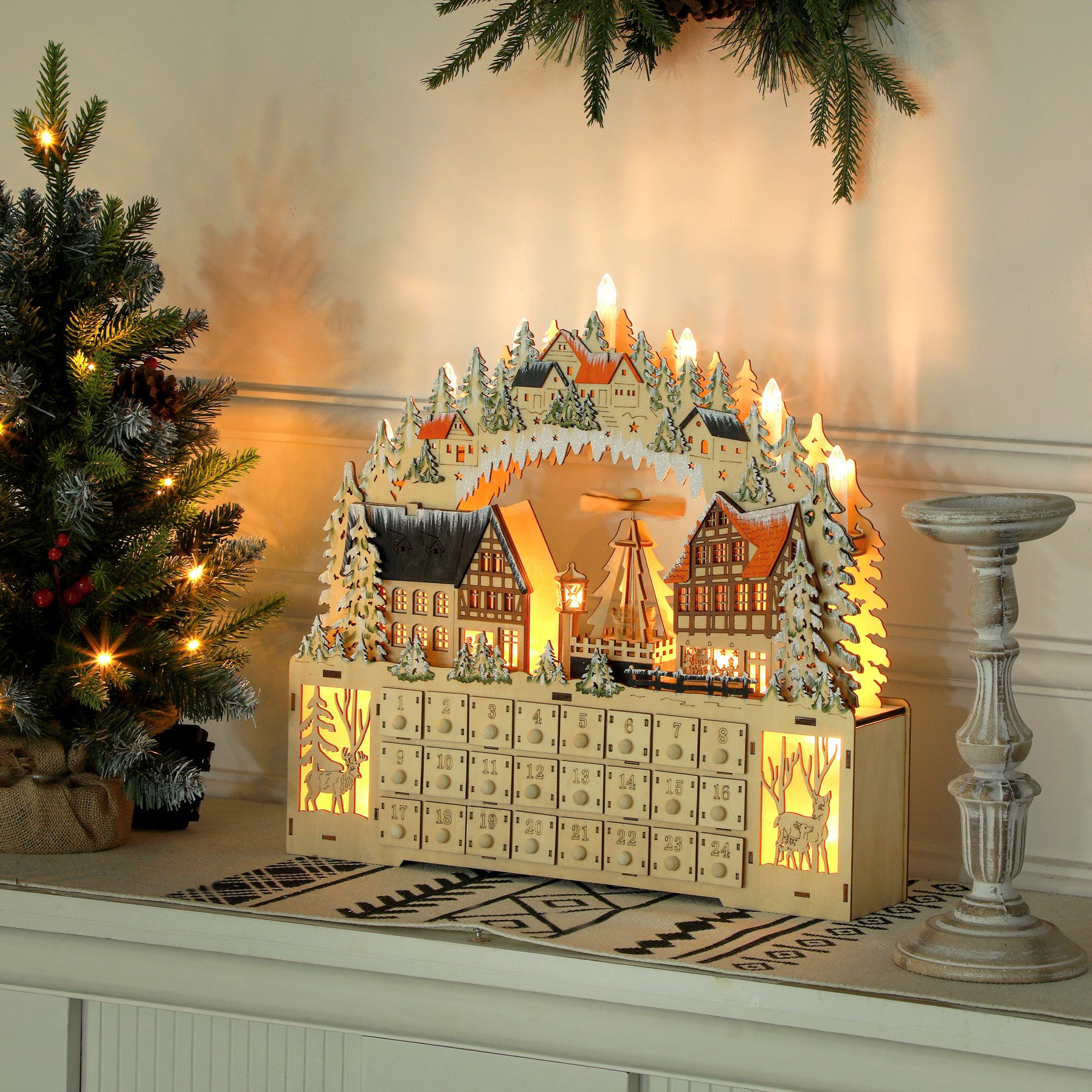 HOMCOM Weihnachtsdorf Adventskalender zum Befüllen Weihnachtskalender mit LED-Lichtern, 24-Tage-Countdown-Schublade, Naturholz