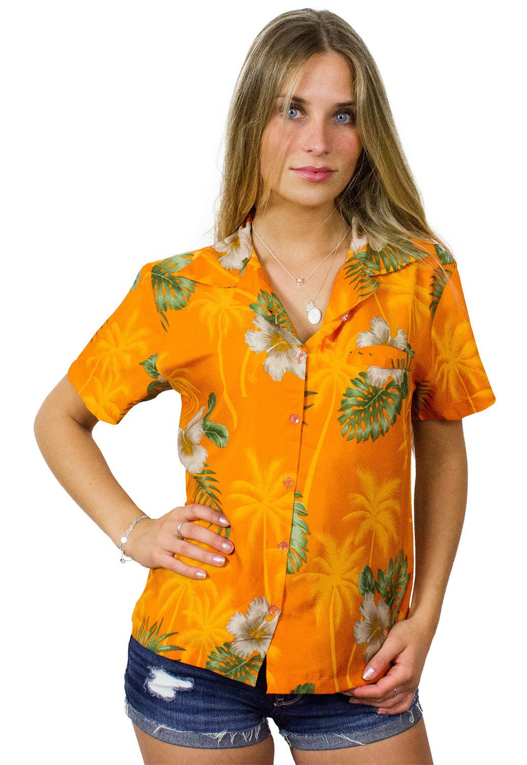 King Kameha Hawaiihemd Small Flower Funky Hawaiibluse Damen Kurzarm Front-Tasche Stylish