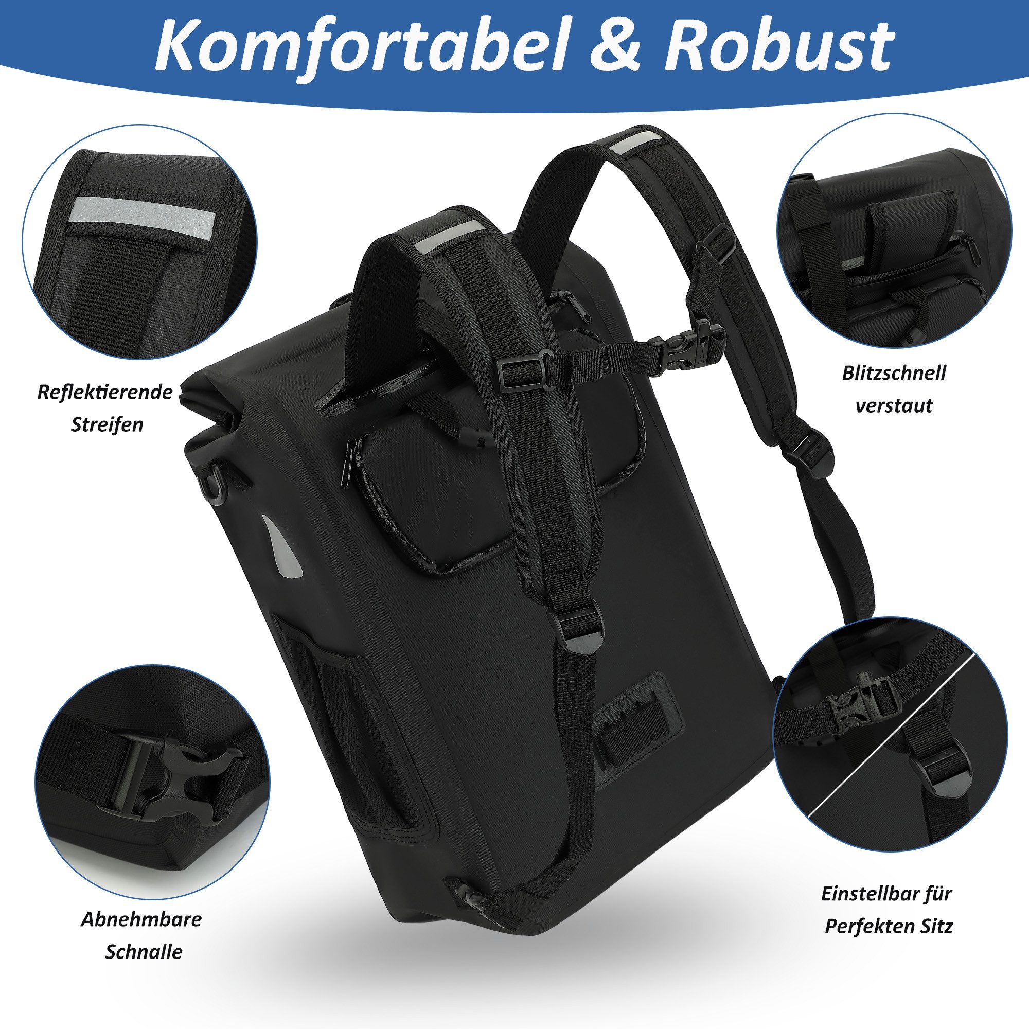 TAN.TOMI Fahrradtasche Wasserdicht 3in1 Fahrradrucksack für Gepäckträger Reflektierend, Mit Reflektorstreifen Sichere Befestigung Laptopfach