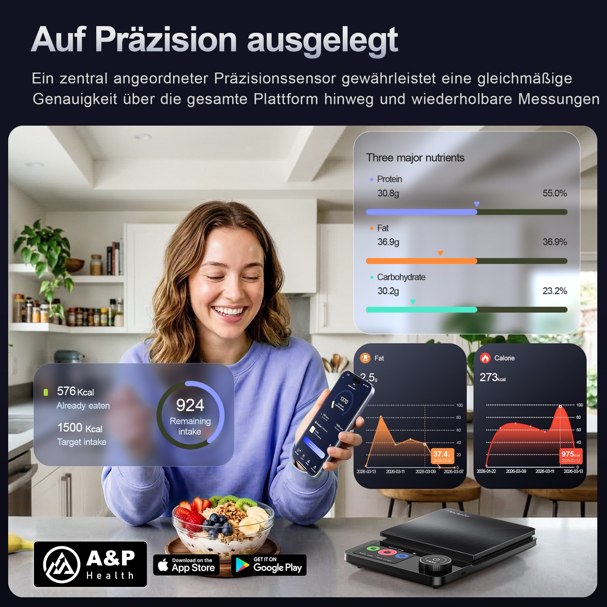 pedete Küchenwaage Digitale ProfiFein waage Kitchen Scale mit LCD Display, (Bluetooth-Verbindungs-App,Kaloriendatenanalyse, 5kg Digitale Kuchenwaage aus Edelstahl), optionaler Nährwertanalyse,Tara-Funktion Zahnrad-Taste