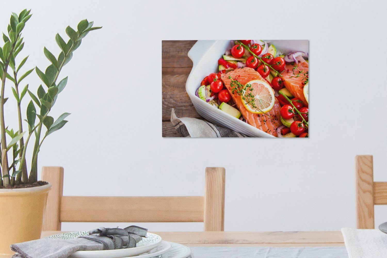 30x20 Leinwandbild OneMillionCanvasses® Leinwandbilder, Kirschtomaten, Roher serviert (1 Wandbild St), und cm Lachs, Wanddeko, einer Aufhängefertig, Zitrone mit Scheibe