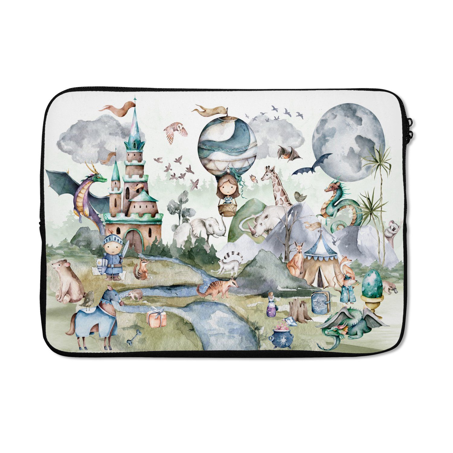 Laptop-Hülle Kinder - Heißluftballon - Drache - Jungen - Burg - Aquarell