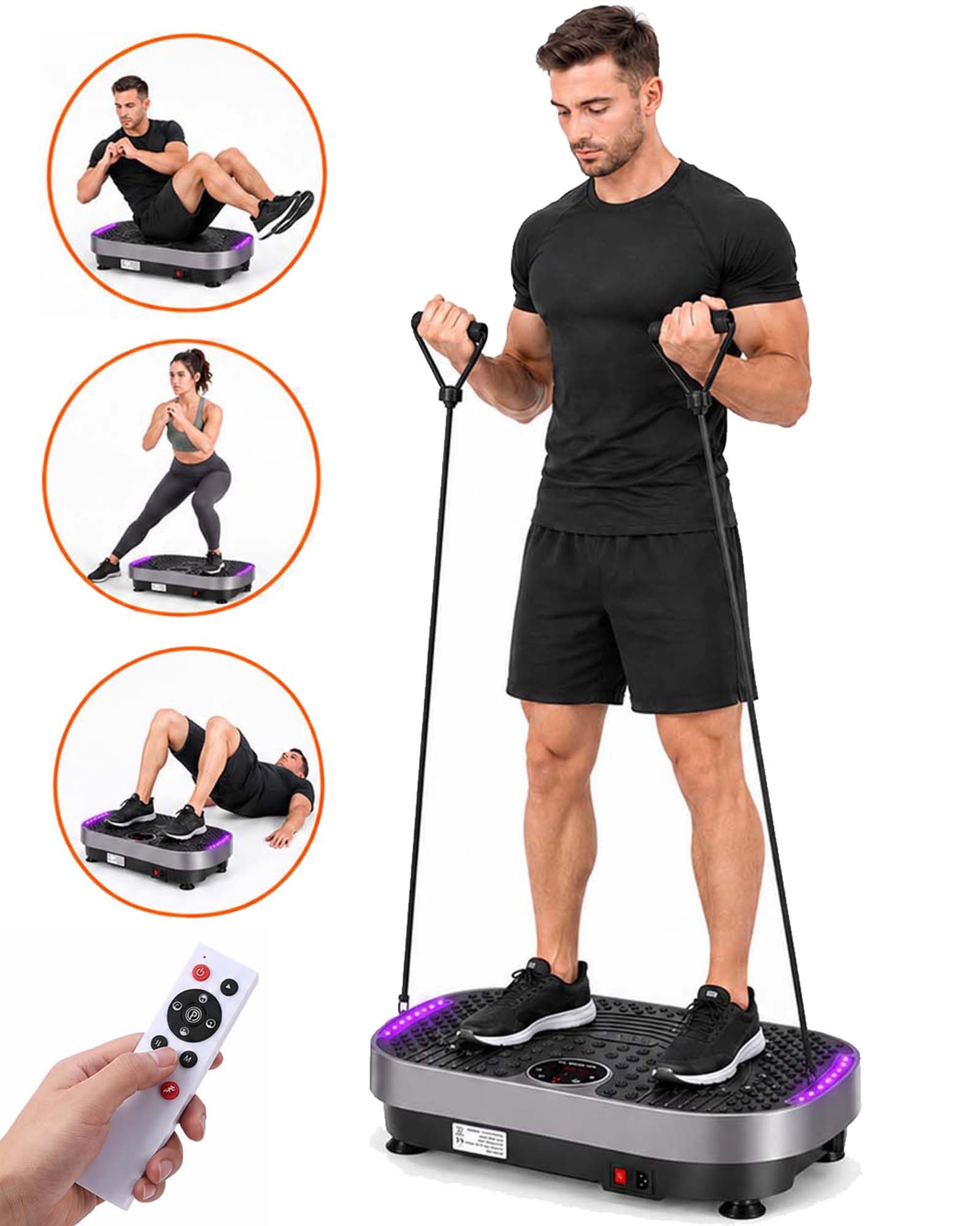 kehot Vibrationsplatte Vibrationsplatte mit Magnetmassage, LED-Licht, Ganzkörpertraining Home, 200 W, 120 Intensitätsstufen, mit 4+1 Trainingsmodi, Trainingsbändern, Muskelaufbau,Fitness Training