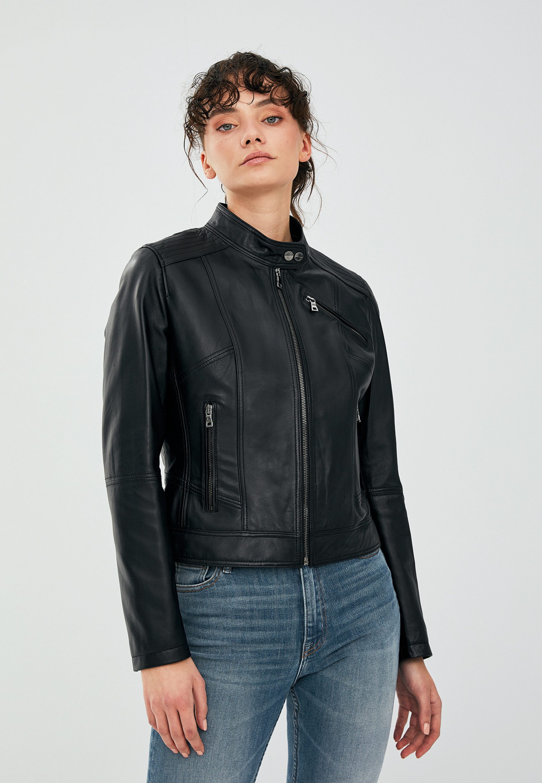 Derimod Lederjacke Kylie Kurze Lederjacke Regular Fit, Reißverschluss, Stehkragen, Kurz, Textilfutter