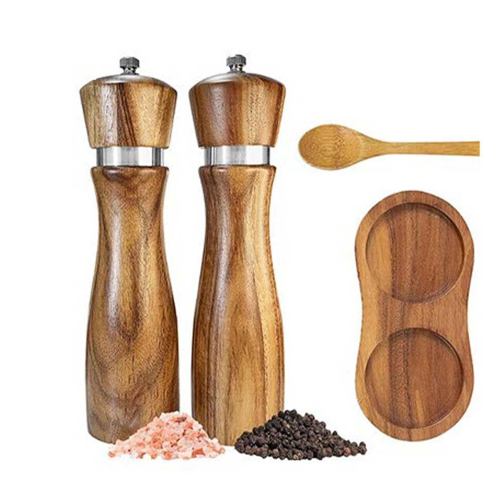 Salz-/Pfeffermühle 2er Set Holz Gewürzmühle Manuell Grinder Salzmühle mit untersetzer