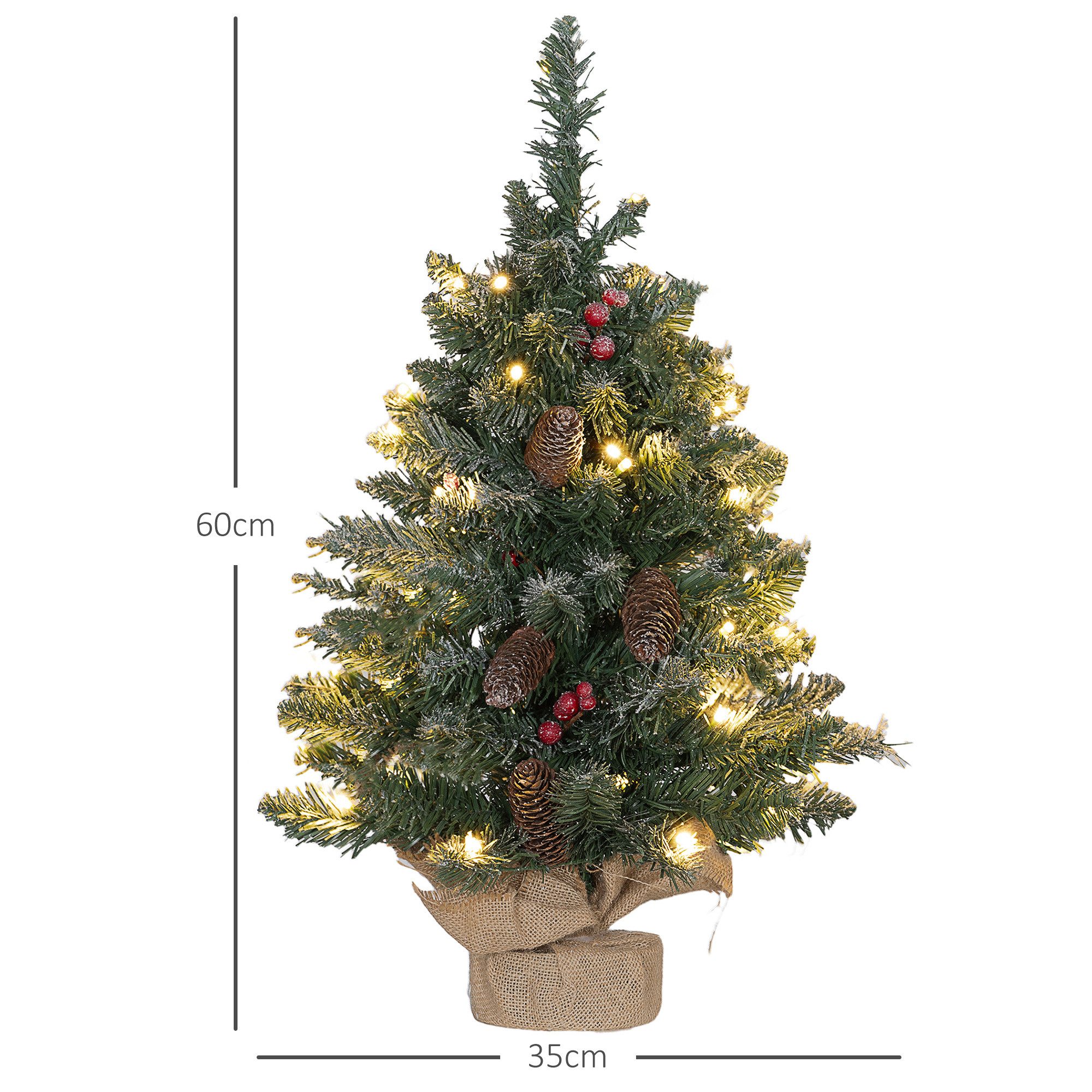 HOMCOM Künstlicher Weihnachtsbaum 0,6 m, 86 Astspitzen, mit 50 warmweißen LED, Künstlicher Baum, für Weihnachtsfest, Indoor, grün+weiß