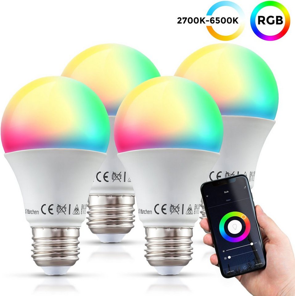 B.K.Licht LED-Leuchtmittel, E27, 4 Stück, Farbwechsler, Smart Home LED-Lampe RGB WiFi App-Steuerung dimmbar CCT Glühbirne 9W 806 Lumen-HomeTrends