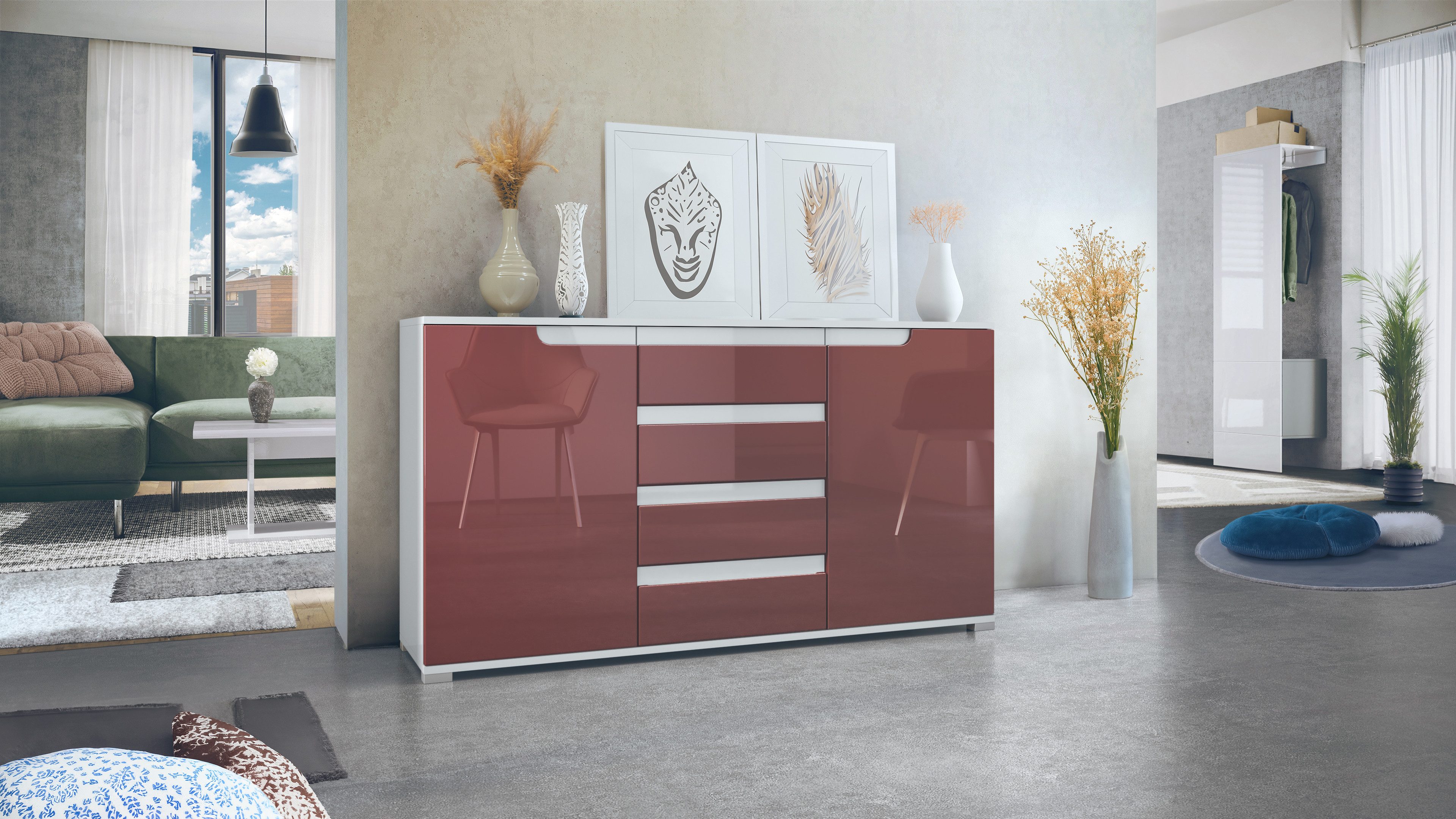Vladon Sideboard Sylt V1 (Kommode mit 2 Türen und 4 Schubladen, Korpus - Weiß matt / Front - Bordeaux Hochglanz), Absetzung - Weiß Hochglanz (138,5 x 75,5 x 35 cm)