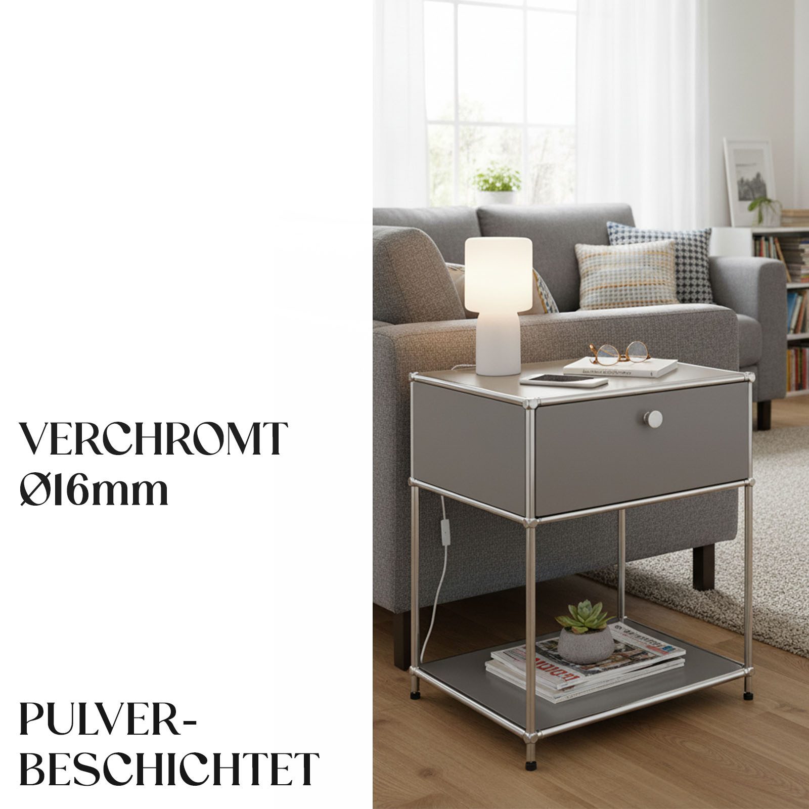 Floordirekt Beistelltisch Concept Epure MK-139, B50 × T40 × H65 cm, verschließbare Schublade (modular, kratzfeste Pulverbeschichtung), Beistellregal mit verchro – Bild 3 von 5