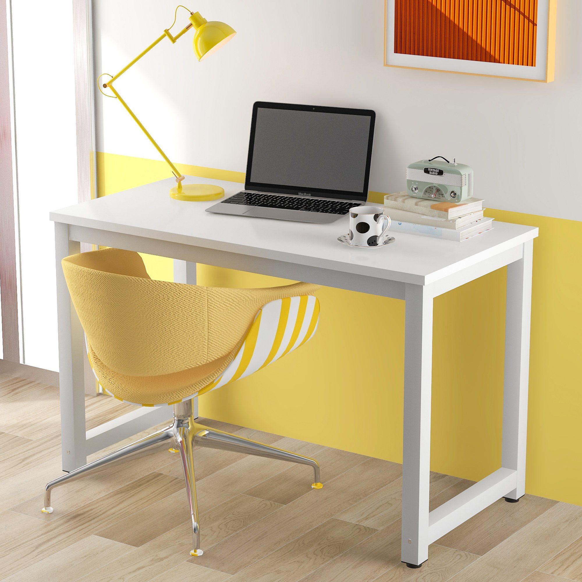 OKWISH Schreibtisch Computertisch Schreibtische Bürotisch, Verstellbare Tischbeine Weiß | Weiß