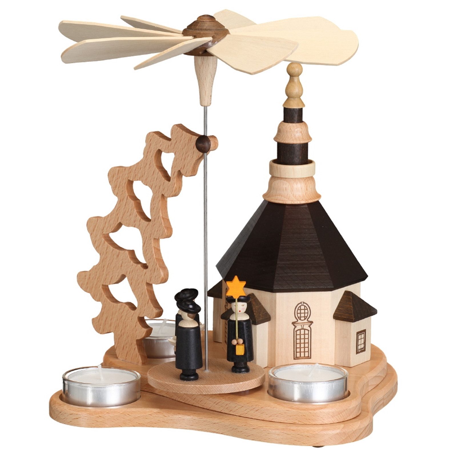 Zeidler Holzkunst Weihnachtspyramide Kleine Pyramide mit Seiffener Kirche, Tischpyramide Holzpyramide Weihnachtspyramide