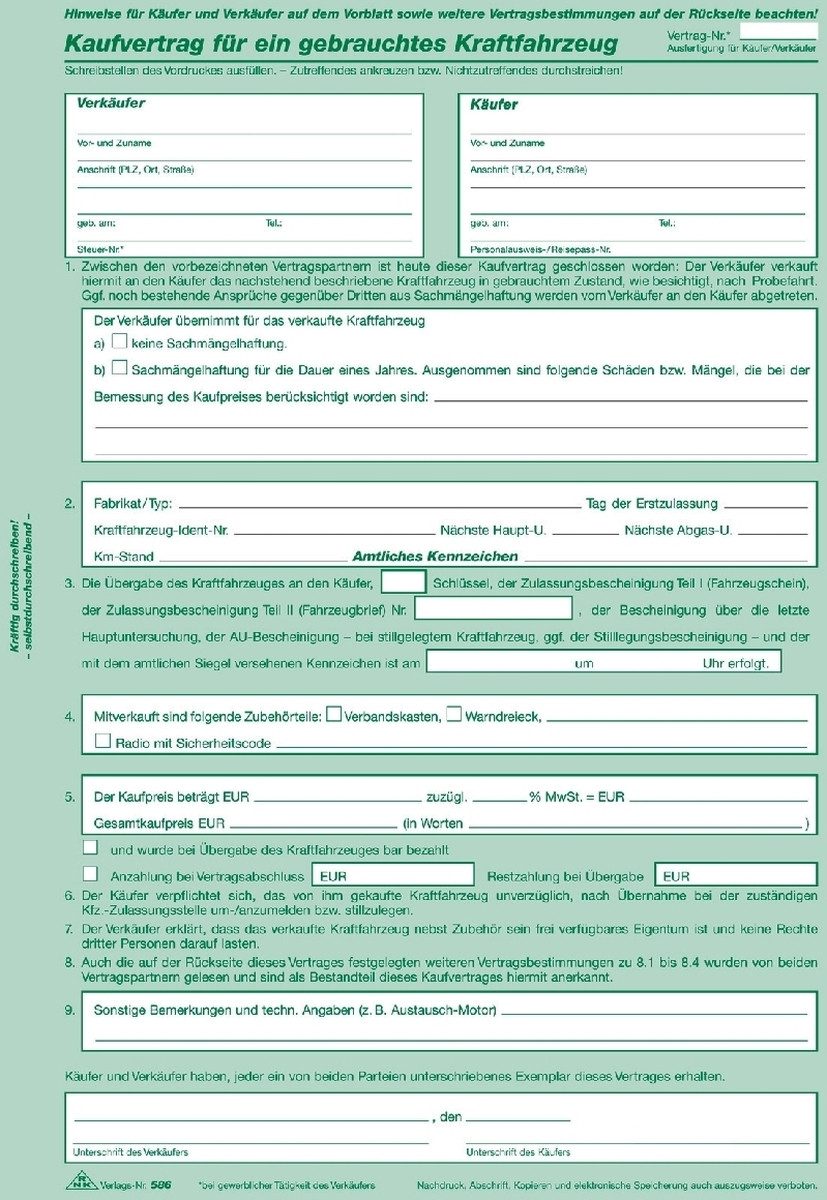 Formularblock Kaufvertrag für gebrauchte Kfz. VE=10 Stück