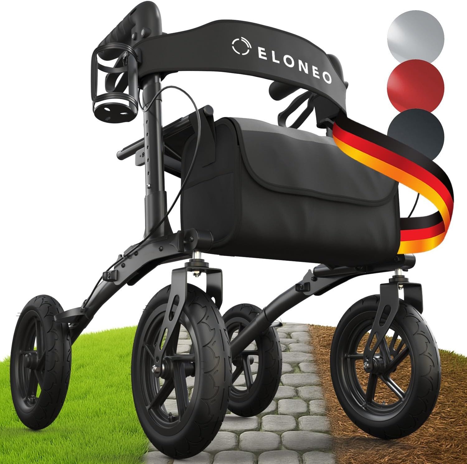 ELONEO Rollator faltbar & leicht, Outdoor Rollator mit Sitz & Luftbereifung, Klick & Go System, feststellbare Bremse, Lufträder