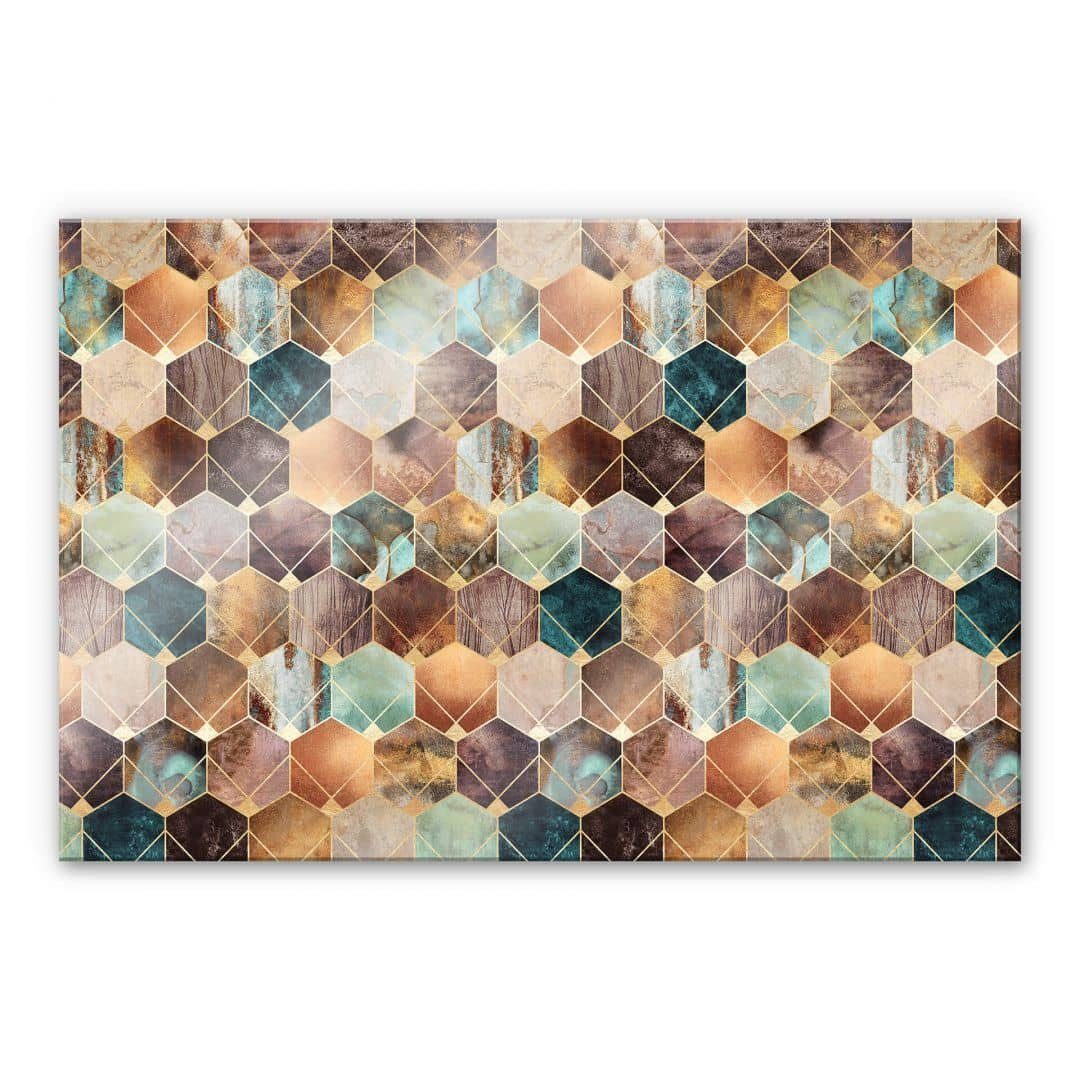 K&L Wall Art Gemälde Glas abstrakt Spritzschutz inkl Gold Montagematerial Hexagon Kupfer, Wandschutz Küchenrückwand