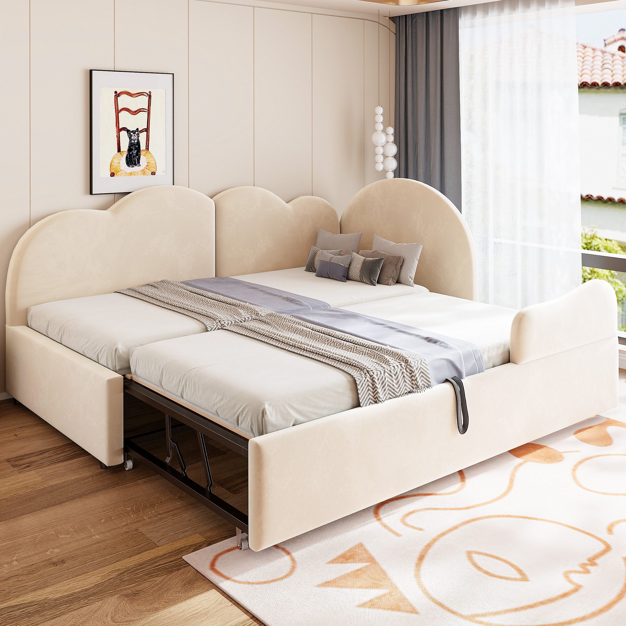 Flieks Polsterbett, L-Form Daybett 90/180x200cm mit Ausziehbett und Kopfteil in Wolkenform