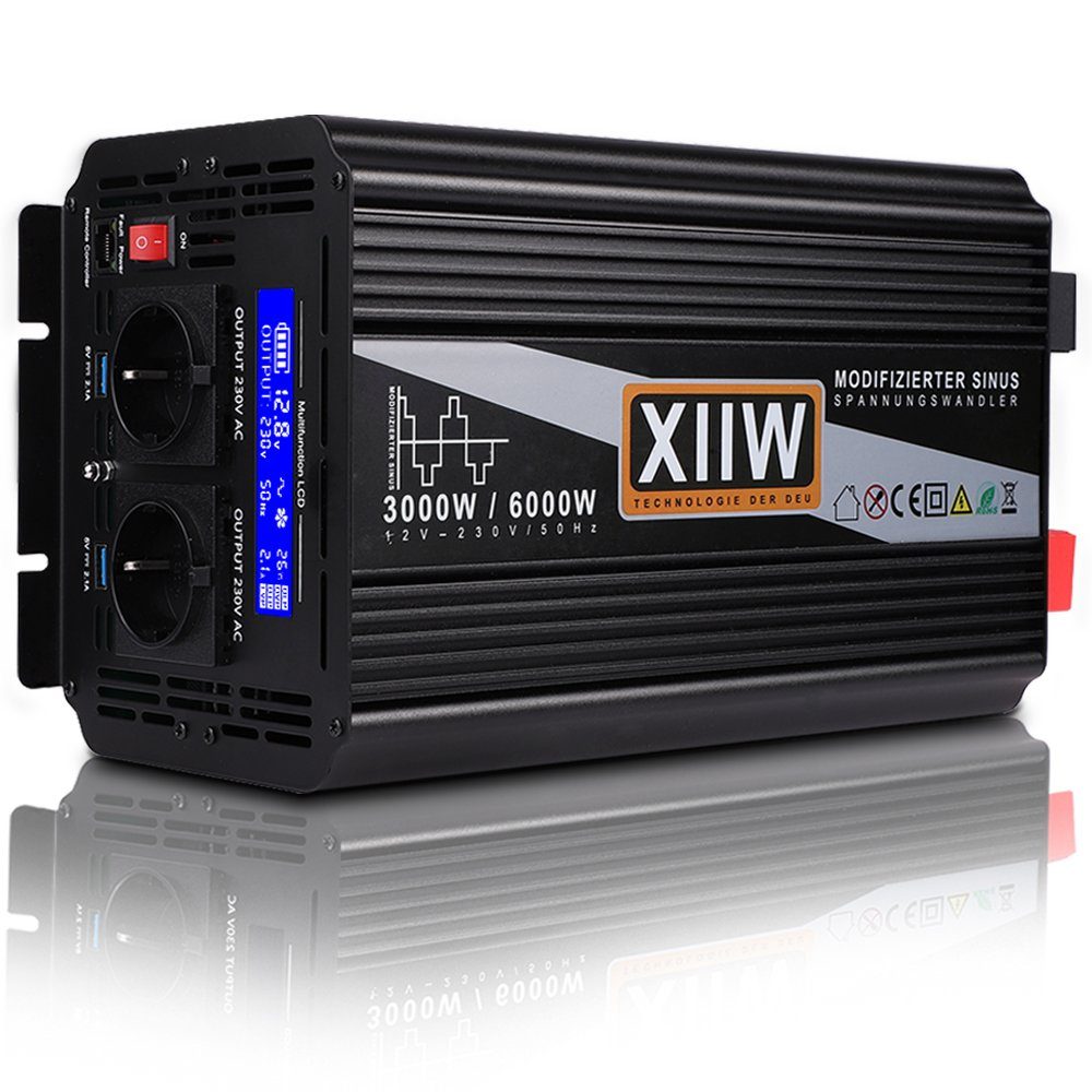 XIIW Spannungswandler »Wechselrichter Spannungswandler 12V auf 230V  3000/6000W Stromumwandler«, (mit Fernbedienung + 4m Netzwerkkabel), mit  5A-Dual-USB-Anschluss, KFZ LED Inverter