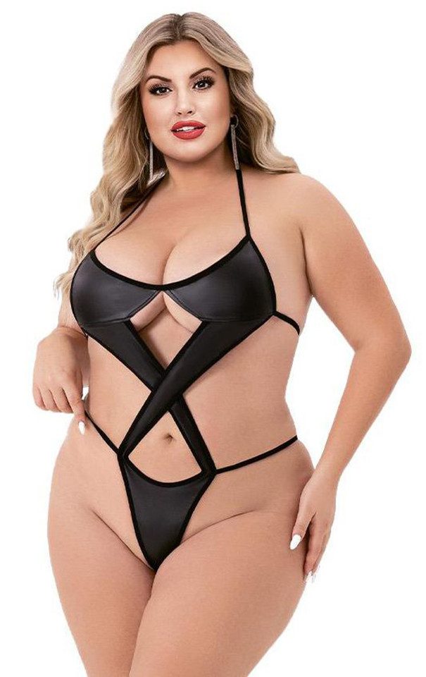 Baci Lingerie Body Criss-Cross Wetlook Body Schwarz – Plus Size (1-tlg) figurbetonte Passform, glänzende Oberfläche